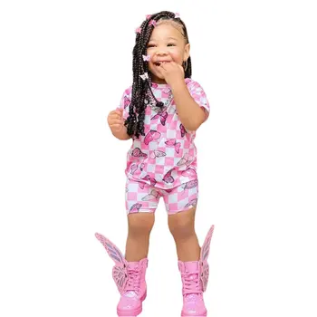 2023 Летняя Одежда для малышей из двух предметов, Комплекты Одежды с бабочками для девочек, Розовая футболка с коротким рукавом + Клетчатые шорты, Наряд от 2 до 8 лет