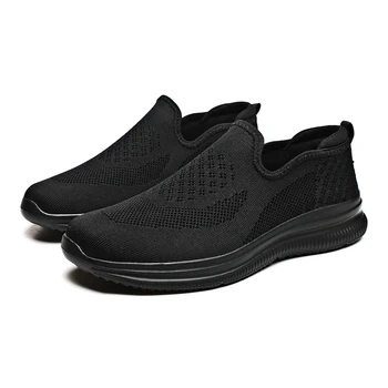 2023, Мужская обувь без застежки большого размера, Летняя обувь с дышащей сеткой, легкая износостойкая обувь на плоской подошве, черные кроссовки