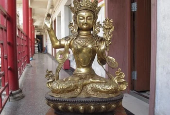 55 СМ Тибетский буддийский храм Медь Бронза Позолота Манджушри Гуаньинь Кван-Инь Статуя Будды