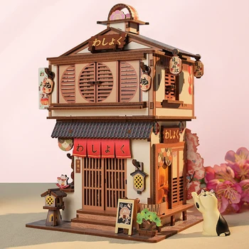 DIY Деревянный Ресторан японской кухни Миниатюрные строительные наборы Вид на улицу города 3D Кукольные Домики Настольный ящик для хранения Подарки друзьям
