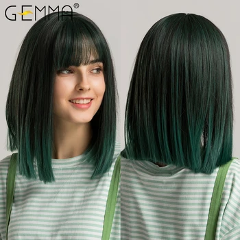 GEMMA Короткие прямые синтетические парики Омбре зеленого цвета в стиле Лолиты Бобо с челкой для косплея, вечерние термостойкие парики из волос для женщин и девочек