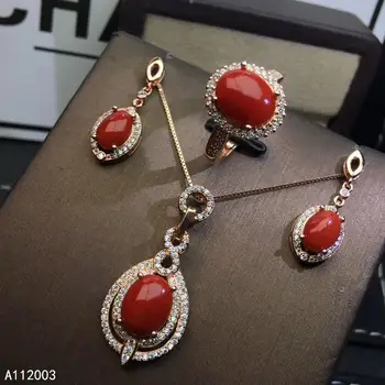 KJJEAXCMY Изысканные ювелирные изделия из стерлингового серебра 925 пробы, инкрустированные натуральным красным кораллом, кольцо, кулон, серьги, набор прекрасных поддержек, тест