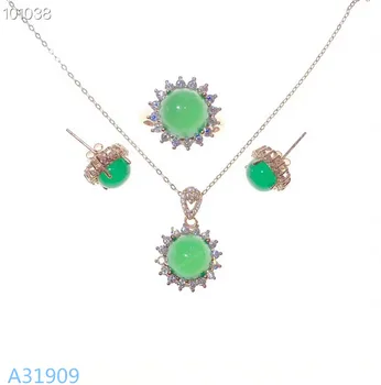 KJJEAXCMY Изысканные ювелирные изделия из стерлингового серебра 925 пробы, инкрустированные натуральным зеленым халцедоном, ожерелье, кулон, кольцо, серьги, набор поддержки обнаружения