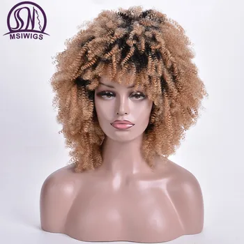 MSIWIGS Короткие Вьющиеся парики, Омбре, блонд, Афро, Синтетический парик для женщин, афроамериканцы, темные корни натуральных волос, термостойкие