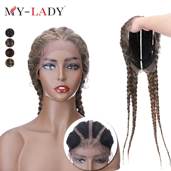 My-Lady Синтетический 27-дюймовый Парик с голландскими косами с детскими волосами Для Чернокожих женщин, Кружевные Передние Парики с фронтальной Коробкой для волос