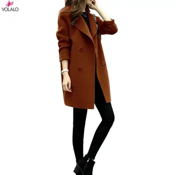 VOLALO 2023, новая женская куртка, осень-зима, однотонное двубортное пальто миди с лацканами, Шерстяная верхняя одежда, женская куртка на пуговицах