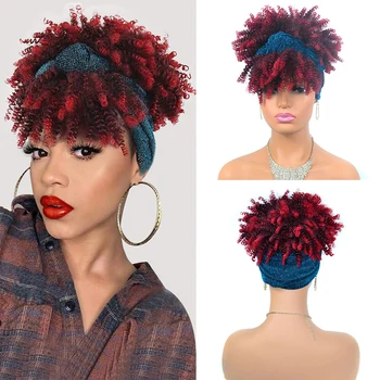 Афро-кудрявый парик с тюрбаном, Короткая бордовая кудрявая повязка на голову, Парики для чернокожих женщин, Синтетические термостойкие кудри, повязки на голову, парик