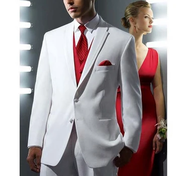 Белые свадебные смокинги для жениха, приталенные официальные мужские костюмы с красным жилетом, 3 предмета, мужской модный пиджак, Брюки, модный комплект на заказ