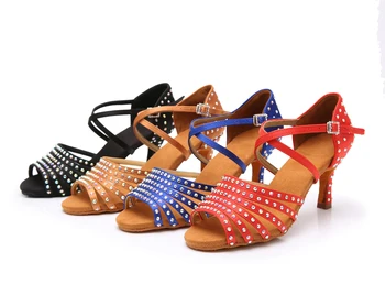 Женская обувь для латиноамериканских танцев со стразами, обувь для бальных танцев в помещении, женские босоножки, обувь для вечеринок Сальсы для девочек, Танцевальная обувь 5/7 см