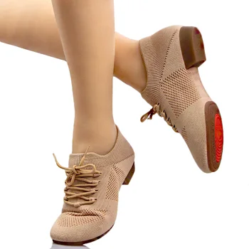 Женская стандартная танцевальная обувь для бальных танцев, сетчатая обувь для тренировок на низком каблуке, Женская обувь для современных танцев, обувь для учителей джазовых танцев