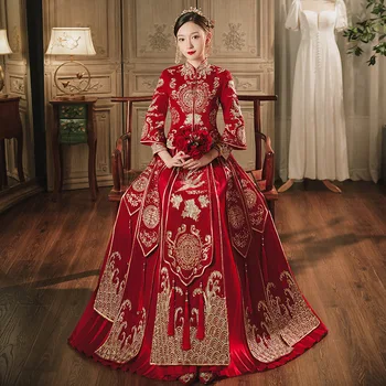 Женское Винтажное китайское Традиционное Вечернее платье Со стразами с Вышивкой, Королевский Свадебный костюм Невесты Чонсам Тан, Ципао