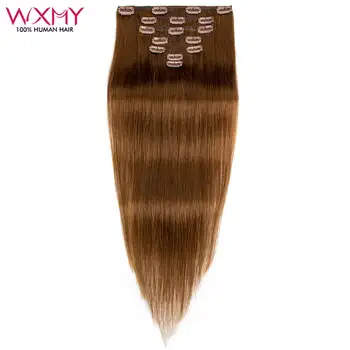 Заколки для наращивания человеческих волос 7 шт./компл., светло-коричневые прямые волосы Remy для наращивания на всю голову с бесшовными зажимами-Шиньон
