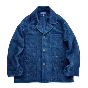 Мужской блейзер цвета индиго, Сашико, плотная французская рабочая одежда обычного покроя, костюм-мешок, осенне-зимняя винтажная куртка