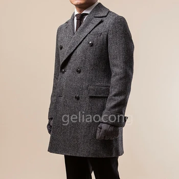 Мужской серый шерстяной костюм в елочку, Осенние повседневные серые блейзеры, Мужское деловое официальное пальто с длинным рукавом, Terno Masculino