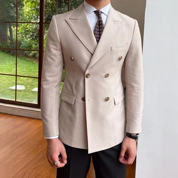 Однотонный джентльменский двубортный костюм, деловой Элегантный повседневный костюм, мужская куртка в британском стиле, приталенная профессиональная официальная одежда
