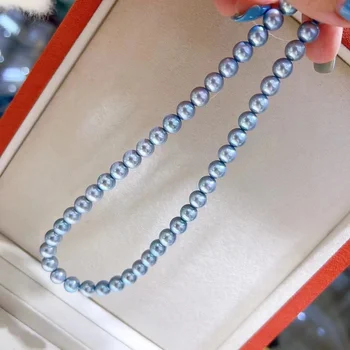 Ожерелье из стерлингового серебра 925 пробы, Синее Круглое Ожерелье с жемчугом Akoya цвета Морской волны 8-8,5 мм, Длинное Ожерелье Для женщин, Модные Свадебные украшения 2022