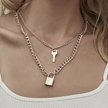 Ожерелья с замками в стиле панк для женщин, маленькие подвески-ключи, ожерелье, многослойные геометрические модные украшения