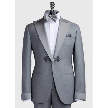 Официальные Серые Приталенные Мужские костюмы для Свадьбы, Смокинг Жениха, 2 предмета, Блейзер с отворотом для выпускного вечера, Блейзер с брюками (куртка + брюки) 2023