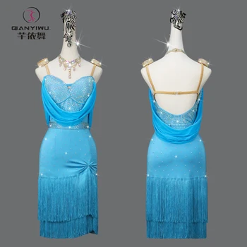 Платье для латиноамериканских танцев, синяя одежда для профессиональных соревнований, Женский бальный костюм больших размеров, костюм для девочек, вечерняя одежда