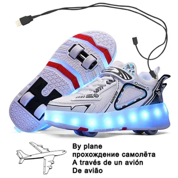 Размеры 29-43, детские кроссовки на роликах со светодиодной подсветкой, заряжающиеся через USB, светящиеся кроссовки с четырьмя колесами для детей, обувь для катания на коньках с подсветкой