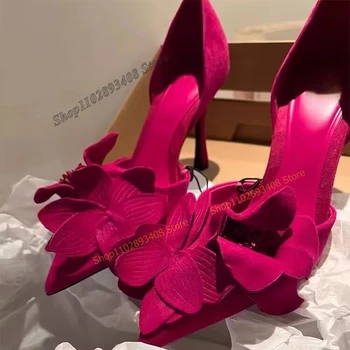 Розово-красные Замшевые туфли-лодочки с цветочным декором, Однотонные женские туфли на шпильке с мелким острым носком, Коллекция 2023 Года, Модные, Пикантные Zapatos Para Mujere