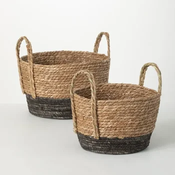 Роскошный набор плетеных корзин с ротанговыми ручками размером 2,12 дюйма и 10,5 дюйма в прочной и стильной черной раме для домашнего хранения и организации.