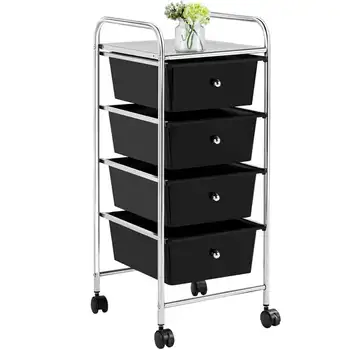 Тележка на колесиках, корзина для хранения с 4 пластиковыми ящиками на колесиках, черная