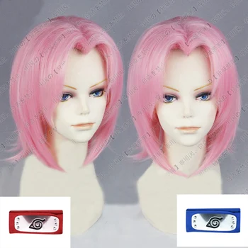 Харуно Сакура Короткие Волосы в стиле вишнево-розового цвета С повязкой на голову, Термостойкий Костюм для Косплея, Парик + шапочка для парика