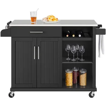 Шкаф для кухонной тележки на колесиках Alden Design со стальным верхом, черная корзина для посуды